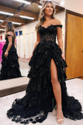 Black Off The Shoulder Sequin A-Line Long Prom Dress with Slit, Lace Appliques and Corset Bodice