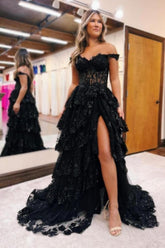 Black Off The Shoulder Sequin A-Line Long Prom Dress with Slit and Cap Sleeves