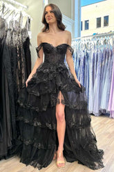 Black Off The Shoulder Sequin A-Line Long Prom Dress with Slit and Ruffles
