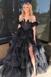Black Off The Shoulder Sequin Ball Gown Long Prom Dress with Slit