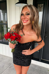 Black Off The Shoulder Sequin Bodycon Homecoming Dress with Beading