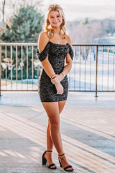 Black Off The Shoulder Sequin Bodycon Homecoming Dress