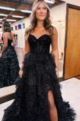 Black Off The Shoulder Tulle A-Line Long Prom Dress with Slit and Lace Appliques
