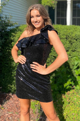 Black One Shoulder Sequin Bodycon Homecoming Dress
