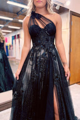 Black One Shoulder Tulle A-Line Long Prom Dress with Slit Bodice Detail