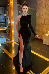 Black One Shoulder Velvet Sheath Long Evening Dress with Long Sleeves and Slit