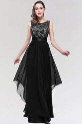 Black Scoop Neck Chiffon A-Line Long Bridesmaid Dress