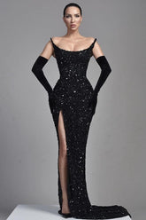 Black Scoop Neck Sequin Sheath Long Evening Dress with Slit