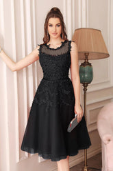 Black Scoop Neck Tulle A-Line Bridesmaid Dress with Lace Appliques