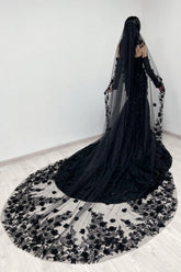Black Sequin Mermaid Chapel Train Wedding Dress with Lace Appliques and Long Sleeves