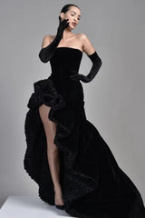 Black Strapless Long Evening Dress with Corset Bodice and Slit
