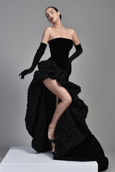 Black Strapless Long Evening Dress with Corset Bodice and Slit
