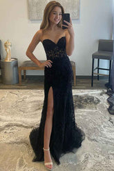 Black Sweetheart Mermaid Long Prom Dress with Slit and Corset Bodice