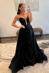 Black Sweetheart Sequin A-Line Long Prom Dress
