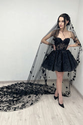 Black Sweetheart Sequin A-Line Wedding Dress with Lace Appliques