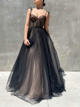 Black Sweetheart Tulle A-Line Long Prom Dress with Corset Bodice and Bow