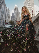 Black Sweetheart Tulle A-Line Long Prom Dress with Floral Details