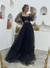 Black Sweetheart Tulle A-Line Long Prom Dress with Long Sleeves