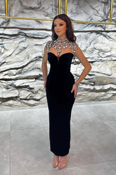 Black Sweetheart Velvet Sheath Prom Dress with Rhinestones