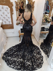 Black V-Neck Lace Mermaid Long Prom Dress with Lace Appliques Back View