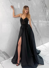Black V-Neck Satin A-Line Long Prom Dress with Slit