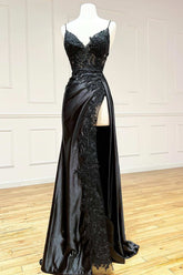 Black V-Neck Satin Sheath Long Prom Dress with Slit