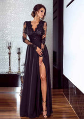 Black V-Neck Sequin A-Line Long Evening Dress with Long Sleeves and Slit