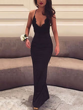 Black V-Neck Sheath Long Prom Dress with Lace Appliques