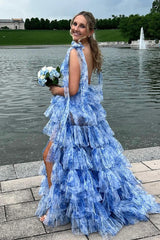 Blue Floral Printed V-neck A-Line Ruffled Long Prom Dress with Slit