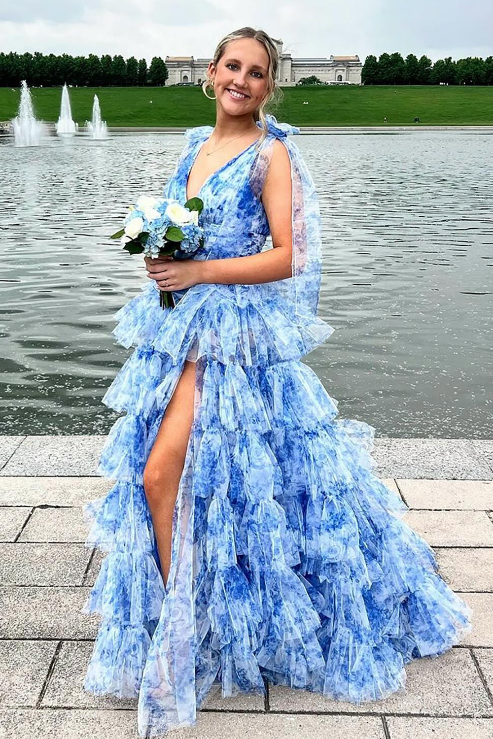 Blue Floral Printed V-neck A-Line Ruffled Long Prom Dress with Slit