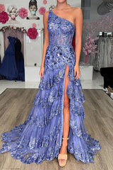 Blue One Shoulder Tulle A-Line Long Prom Dress with Slit