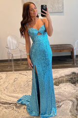 Blue Sweetheart Sequin Sheath Long Prom Dress with Slit