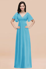 Blue V-Neck Chiffon Empire Long Bridesmaid Dress with Pleats