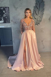 Blush Deep V-Neck Satin A-Line Long Prom Dress with Long Sleeves, Slit and Pockets