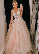 Blush Deep V-Neck Tulle A-Line Long Prom Dress with Lace Appliques