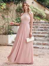 Blush Halter Chiffon A-Line Long Bridesmaid Dress with Lace Appliques