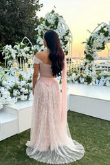 Blush Off The Shoulder A-Line Long Prom Dress with Beading Back View