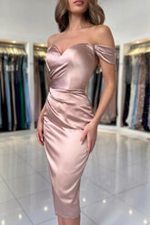 Blush Off The Shoulder Satin Sheath Homecoming Dress