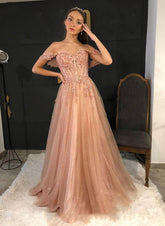 Blush Off The Shoulder Tulle A-Line Long Prom Dress