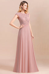 Blush Scoop Neck Chiffon A-Line Long Bridesmaid Dress with Cap Sleeves Side View