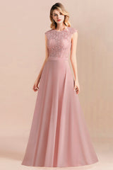 Blush Scoop Neck Chiffon A-Line Long Bridesmaid Dress with Cap Sleeves