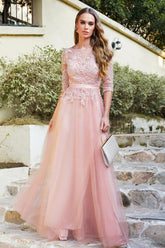 Blush Scoop Neck Tulle A-Line Long Bridesmaid Dress