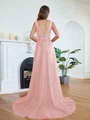 Blush Scoop Neck Tulle A-Line Long Bridesmaid Dress Back View