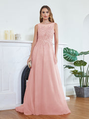 Blush Scoop Neck Tulle A-Line Long Bridesmaid Dress
