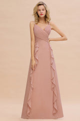 Blush Sweetheart Chiffon A-Line Long Bridesmaid Dress with Ruching