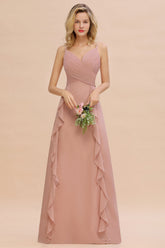 Blush Sweetheart Chiffon A-Line Long Bridesmaid Dress with Ruching