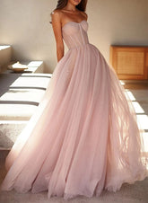 Blush Sweetheart Tulle A-Line Long Prom Dress with Corset Bodice