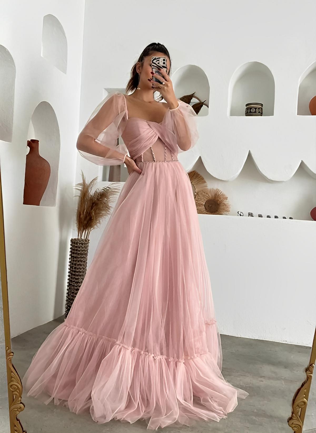 Blush Sweetheart Tulle A-Line Long Prom Dress with Long Sleeves and Ruching