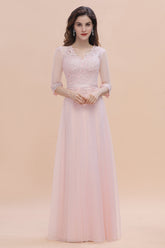Blush V-Neck A-Line Long Bridesmaid Dress with Lace Appliques and 3/4 Sleeves