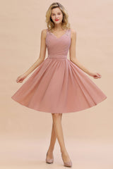 Blush V-Neck Chiffon A-Line Bridesmaid Dress with Lace Appliques